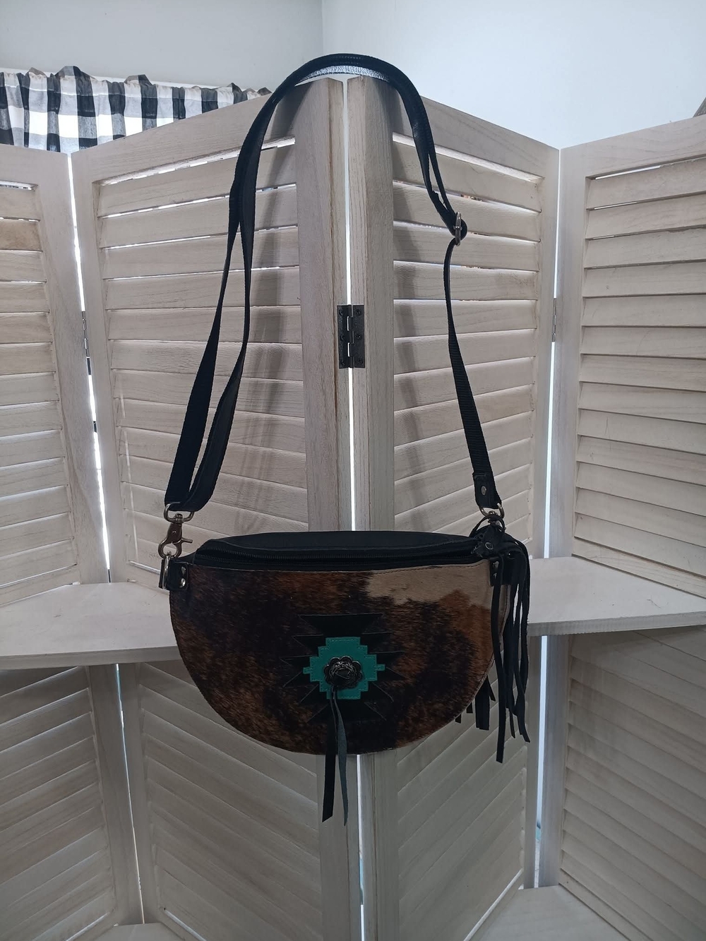Brown Cowhide Crossbody Bag with Turquoise Accent